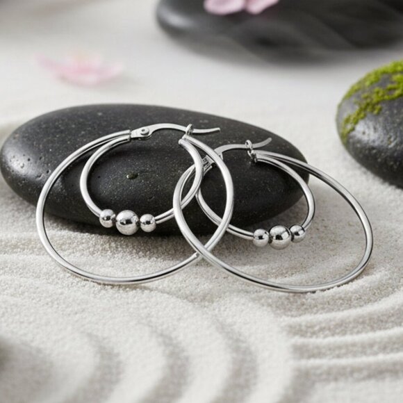 Minimalist Elegant Silver Beaded Stainless Steel Hoop Earrings β 1.4" Diameter - Picture 6 of 13